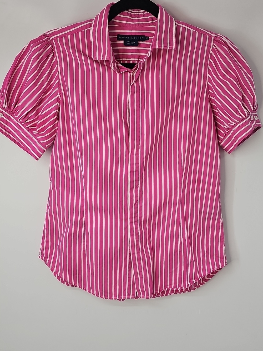 Ralph Lauren Pink Striped 100% Cotton Puff Sleeved Button Front Blouse Classic